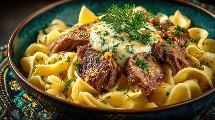Kazakhstan dish Beshbarmak Boiled horse or lamb meat with wide noodles and onion sauce eaten by hand