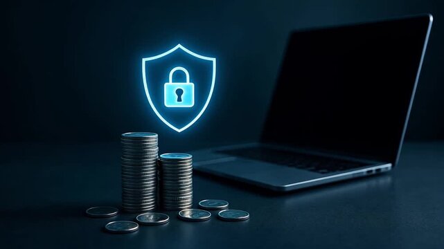 A laptop with stack of coins and glowing shield icon representing digital security, tech focused atmosphere, bank safety and protection