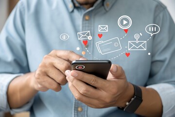 Alert notification concept. Push Notifications, Web Reminders, Time Table and Announcements. Person using smartphone with notification icon on virtual screen.