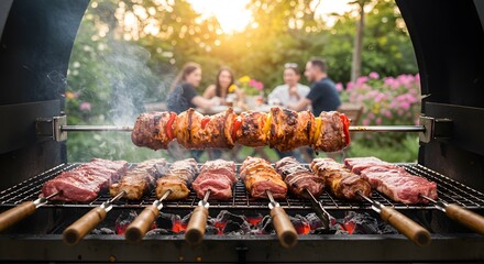 A vibrant Brazilian churrasco grill with sizzling meats spring patio setting