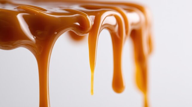 Caramel sauce cascading, golden streams flowing over pristine white surface, highlighting rich, glossy texture for culinary and dessert imagery