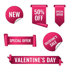 Set of pink sale labels and ribbons isolated on transparent background