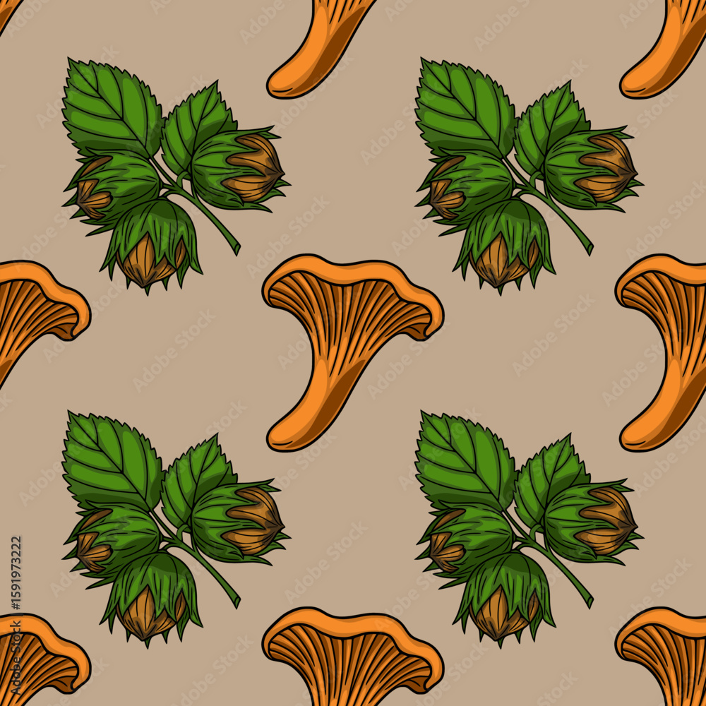 Poster seamless vector pattern featuring hand-drawn illustrations of chanterelle mushrooms and hazelnuts wi