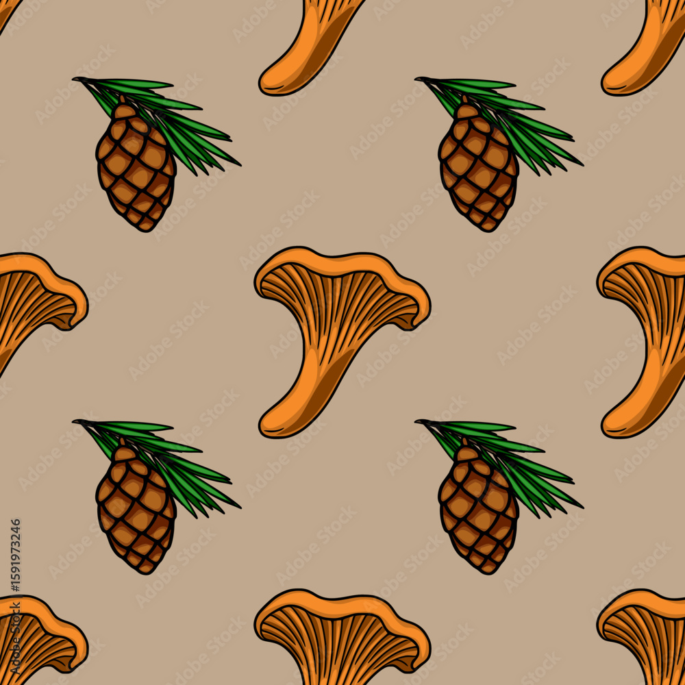 Aufkleber seamless vector pattern featuring hand-drawn chanterelle mushrooms and pine cones on a muted beige b