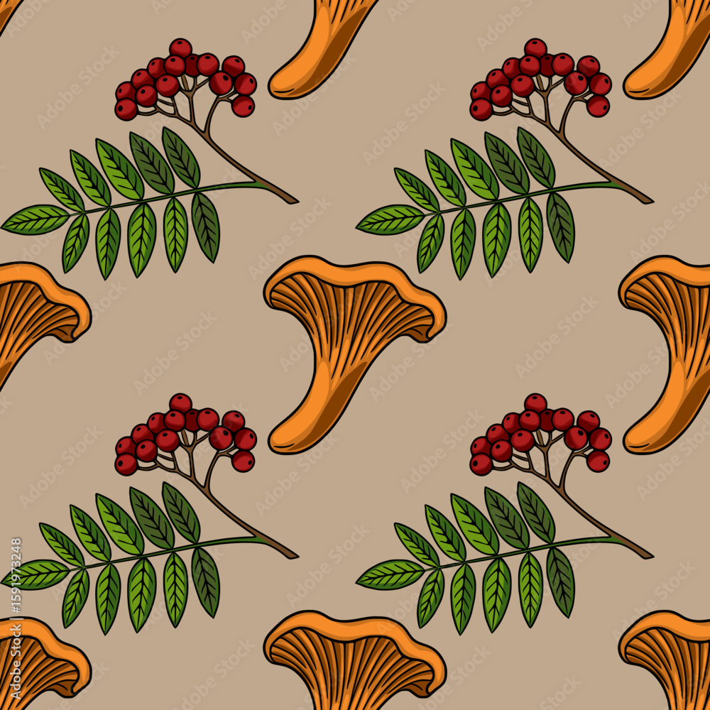 Poster seamless vector pattern featuring hand-drawn chanterelle mushrooms and rowan berries branches, creat