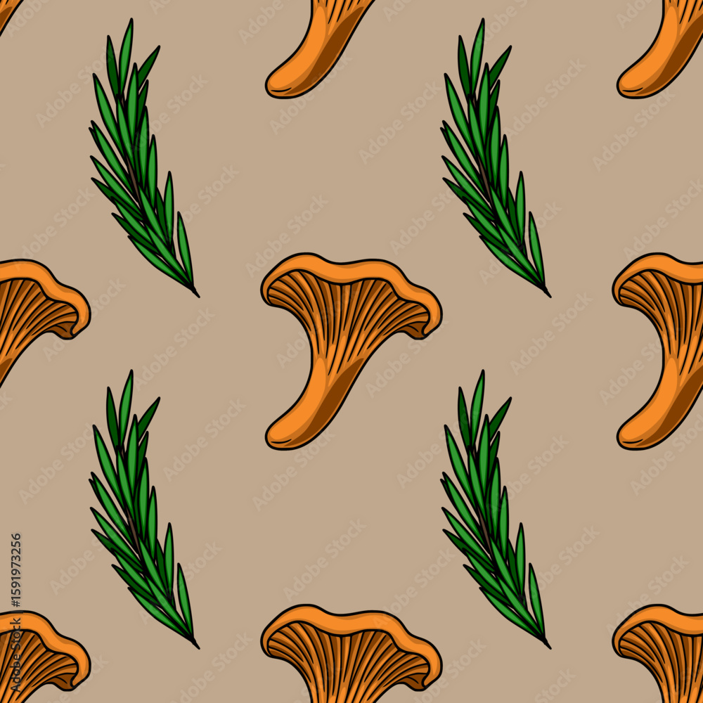 Poster seamless vector pattern featuring hand-drawn chanterelle mushrooms and rosemary sprigs on a muted ta