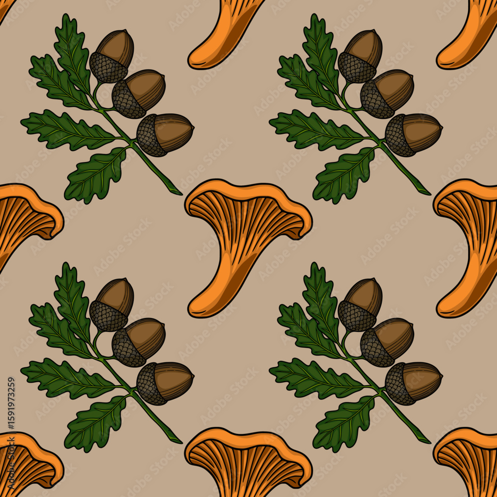 Poster seamless vector pattern featuring hand-drawn illustrations of chanterelle mushrooms and oak branches