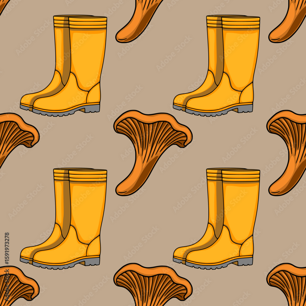 Poster seamless vector pattern featuring a playful illustration of yellow rubber boots and chanterelle mush