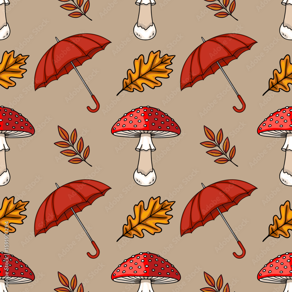 Poster seamless vector pattern featuring charming autumn elements: red umbrellas, fly agaric mushrooms, oak