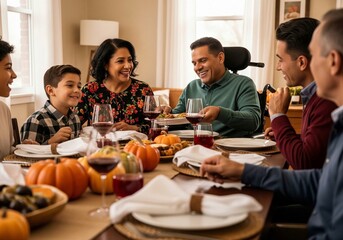 Diverse multi-generational family, including a person using a wheelchair, celebrates an inclusive Thanksgiving dinner, symbolizing warmth, acceptance, and joy.