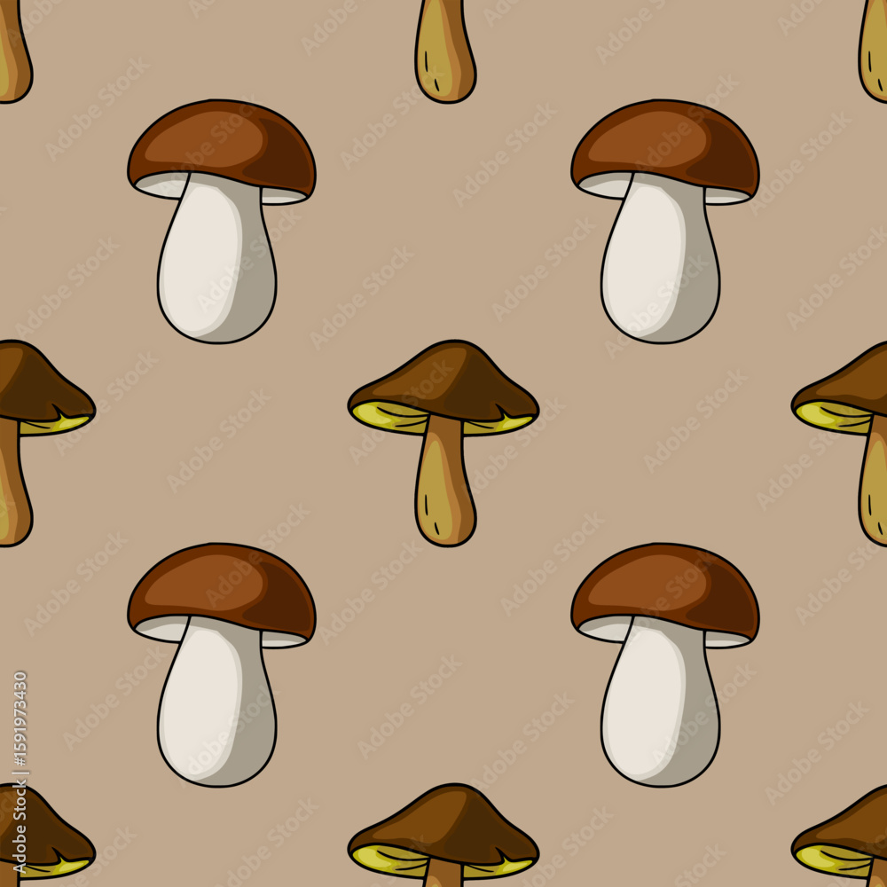 Poster seamless vector pattern featuring hand-drawn illustrations of brown and beige mushrooms with varying