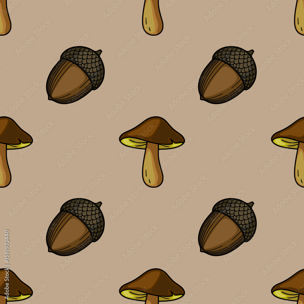 Aufkleber seamless vector pattern featuring hand-drawn acorns and mushrooms in earthy brown tones, creating a 