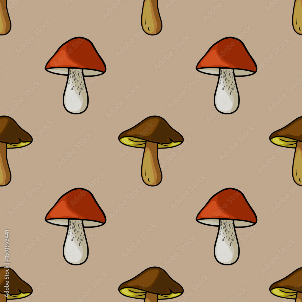 Poster seamless vector pattern with hand-drawn illustrations of red and brown mushrooms on a beige backgrou