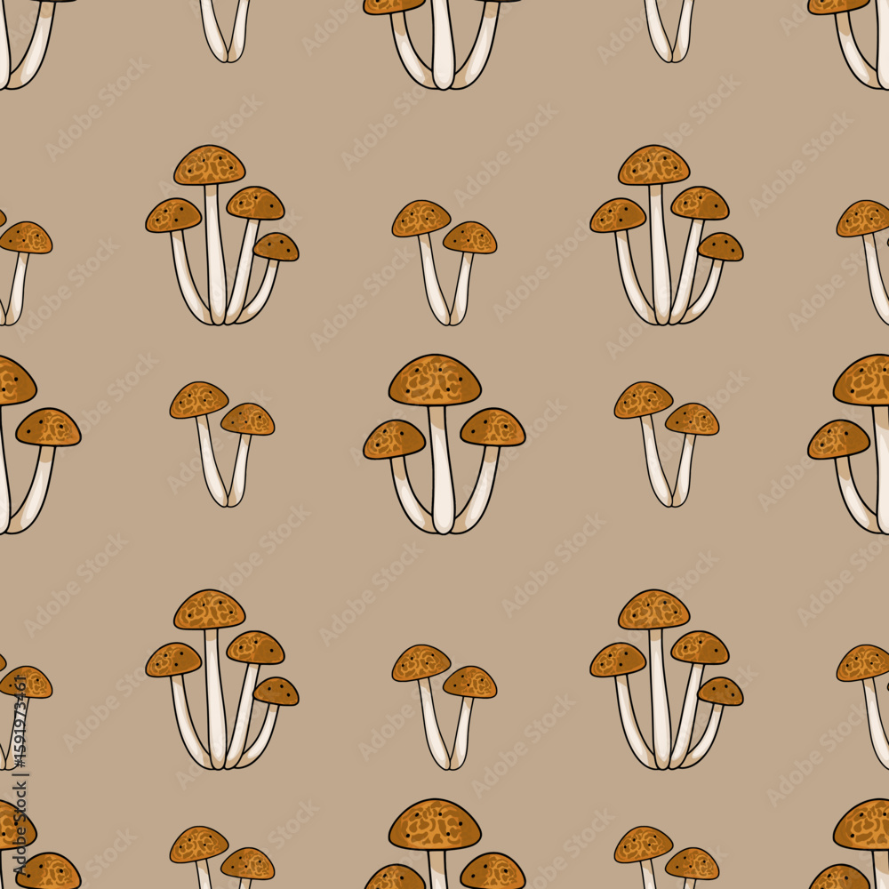 Poster seamless vector pattern featuring clusters of intricately detailed brown mushrooms with off-white st