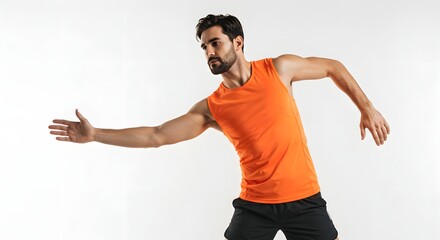 An adult man in a running outfit stretching his arms dynamic pose on a white background