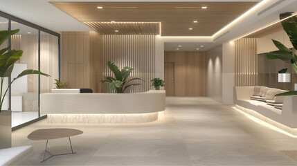 Reception area of a modern dental clinic, luxurious interior with white marble counters, natural stone walls, minimalist design, soft lighting, indoor plants. 