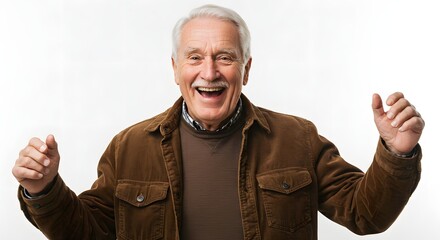An elderly man in a casual jacket dancing with a wide smile on a white background