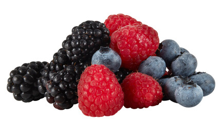 Fresh blackberries, blueberries, raspberries cut out isolated transparent background