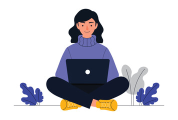 Woman sitting cross legged working on laptop vector illustration.