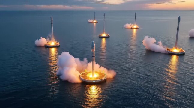 Multiple rockets simultaneously land vertically on floating sea platforms at sunset.