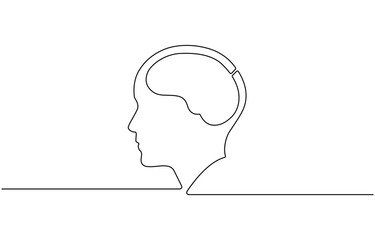 One continuous line drawing of half of a human brain and love in the shape of a heart logo icon, Psychological split affection logotype symbol template concept.