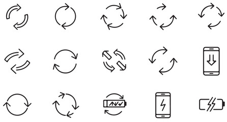 Recycling and Recharging Icons: A collection of sleek, modern icons depicting circular arrows, recycling symbols, and battery status indicators.
