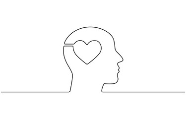 One continuous line drawing of half of a human brain and love in the shape of a heart logo icon, Psychological split affection logotype symbol template concept.