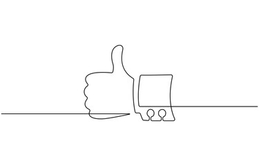 Continuous one line drawing of like hand showing thumb up. Vector illustration, Continuous Line Drawing of Thumbs Up Icon.