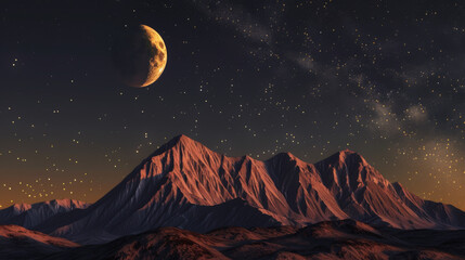 Fototapeta premium Mountains at Night with Moon and Orange Hues in the Sky, Generative AI Illustration