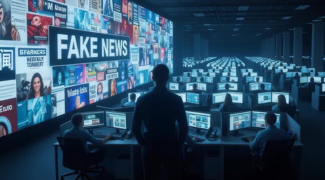 A vast digital control room monitors and disseminates fake news highlighting concerns about media manipulation.