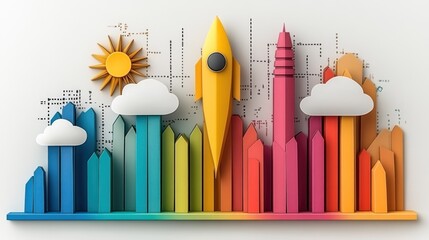 Colorful cityscape with rocket launch