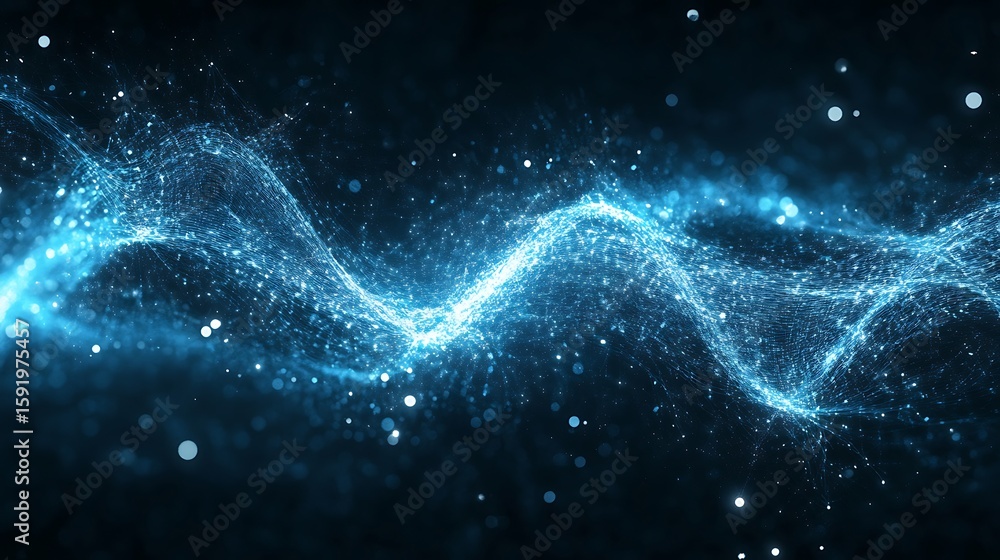 Poster abstract glowing wave background with blue light particles and connection points