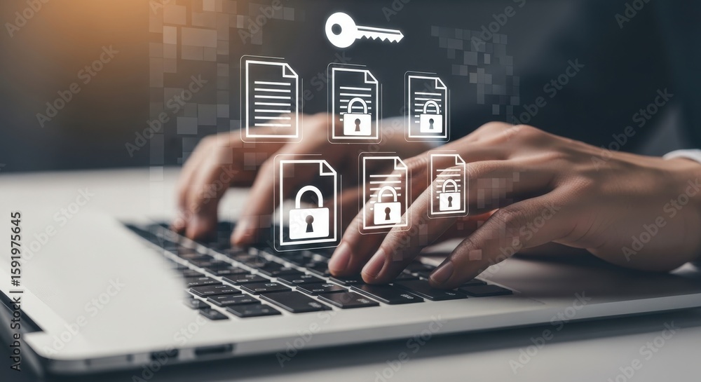 Aufkleber person typing on laptop with digital security icons of documents and key technology data security