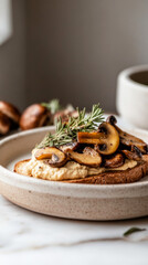 Deliciously crafted toast topped with creamy hummus and sauteed mushrooms sits on a wooden cutting board. Natural light enhances the inviting ambiance of the warm kitchen