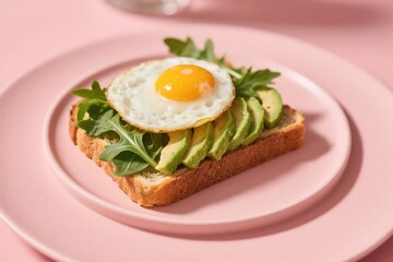 Avocado Toast with Fried Egg and Greens on Pink Background