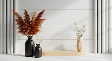 Minimalist Interior with Wooden Tabletop, Ceramic Vases, and Soft Natural Light