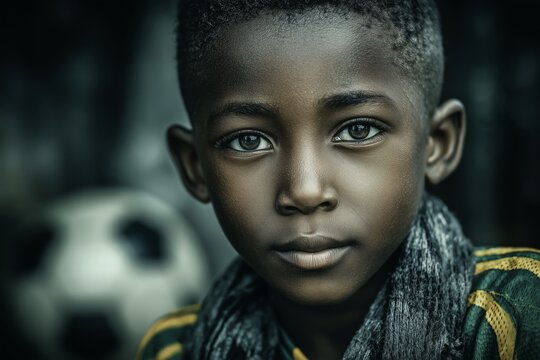A young child wearing a scarf, looking intently with a soccer ball in the background. The image captures a moment of innocence and focus.