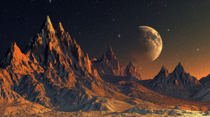Mountains at Night with Moon and Orange Hues in the Sky, Generative AI Illustration