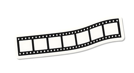 A black and white film strip with six empty frames on a black background in a horizontal position on transparent background