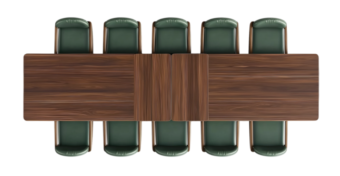 A padded, focused view of an oval yellow table with chairs around it, against a white background, in a top-down view, high-resolution photography.