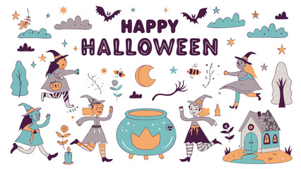 A whimsical halloween scene with witches, bats, a cauldron, and a haunted house illustration style