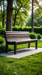Park bench in a lush green setting