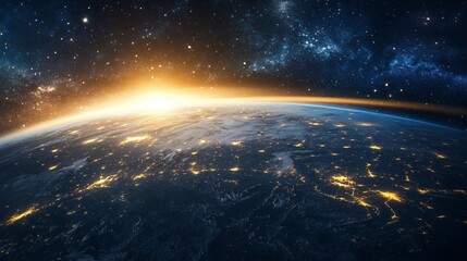 Earth From Space at Night with City Lights and Sunrise Glow