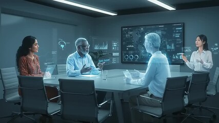 Business meeting with holographic data in modern office - Powered by Adobe