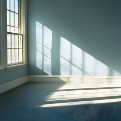 Obraz premium Corner room with window light casting shadows on blue wall and floor