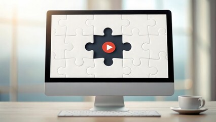 Puzzle piece with play button icon fitting into monitor — webinar completing the learning journey
