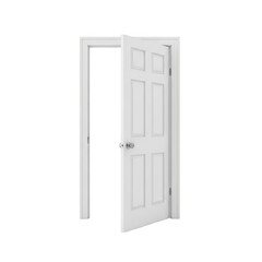 Slightly open white door with frame isolated on transparent background