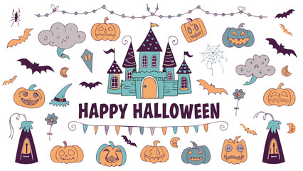 Happy halloween with castle, pumpkins, bats, spider, clouds and other halloween themed decorations