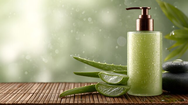 Green aloe vera liquid in a clear pump bottle with water droplets next to aloe leaves and dark spa stones on a bamboo mat aloe vera