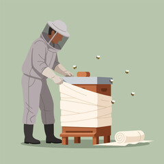 Beekeeper Working with Bees Hive on Soft Green Background